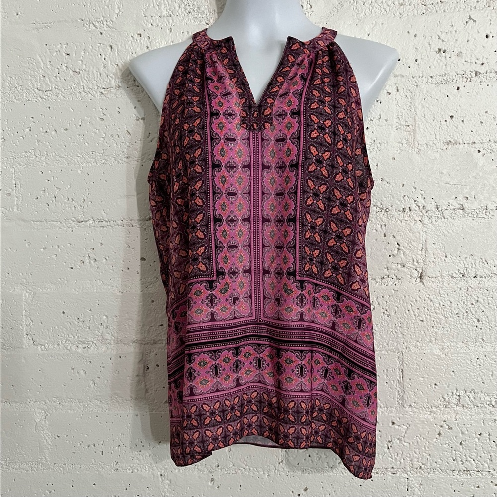 Emma & Olivia Womens Top S Pink Floral Sleeveless Split V Neck G8